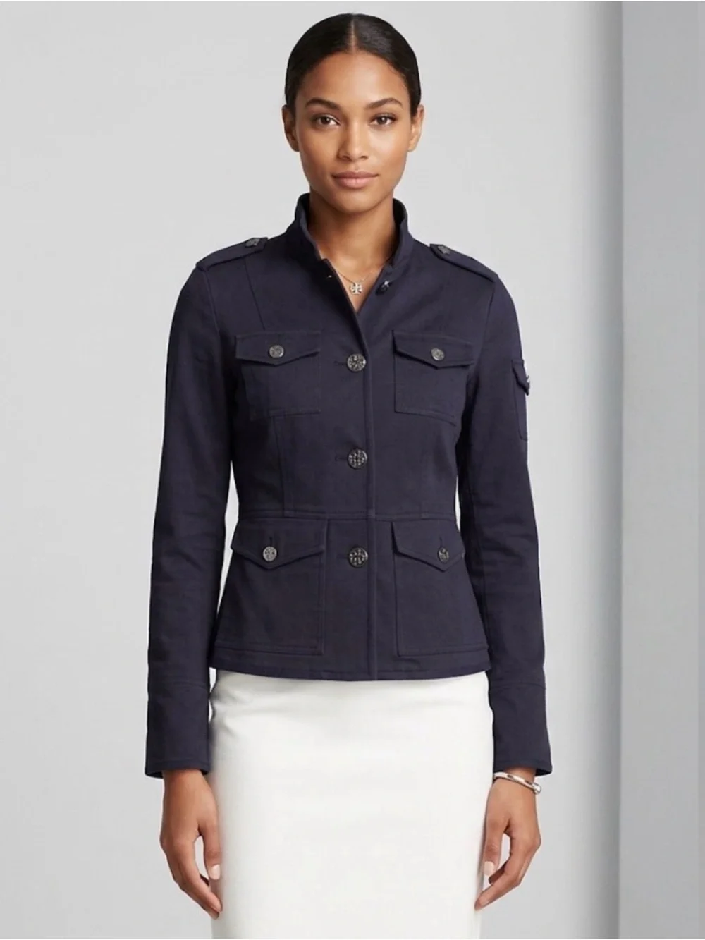 Tory Burch Dark Navy Utility Jacket with Silver Logo Buttons